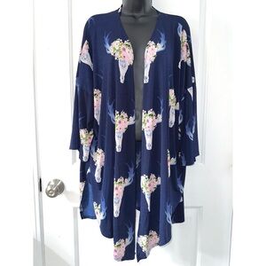 Auditions Navy Blue Cow Skull Print Duster Kimono Shawl